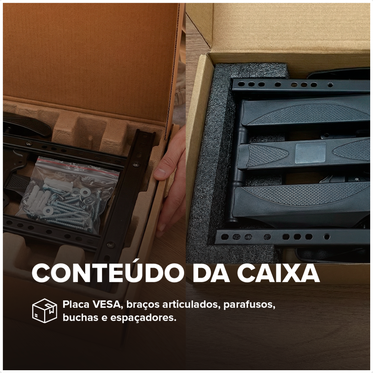 Conteúdo da caixa do ARGX P5: placa VESA, braços, parafusos e buchas