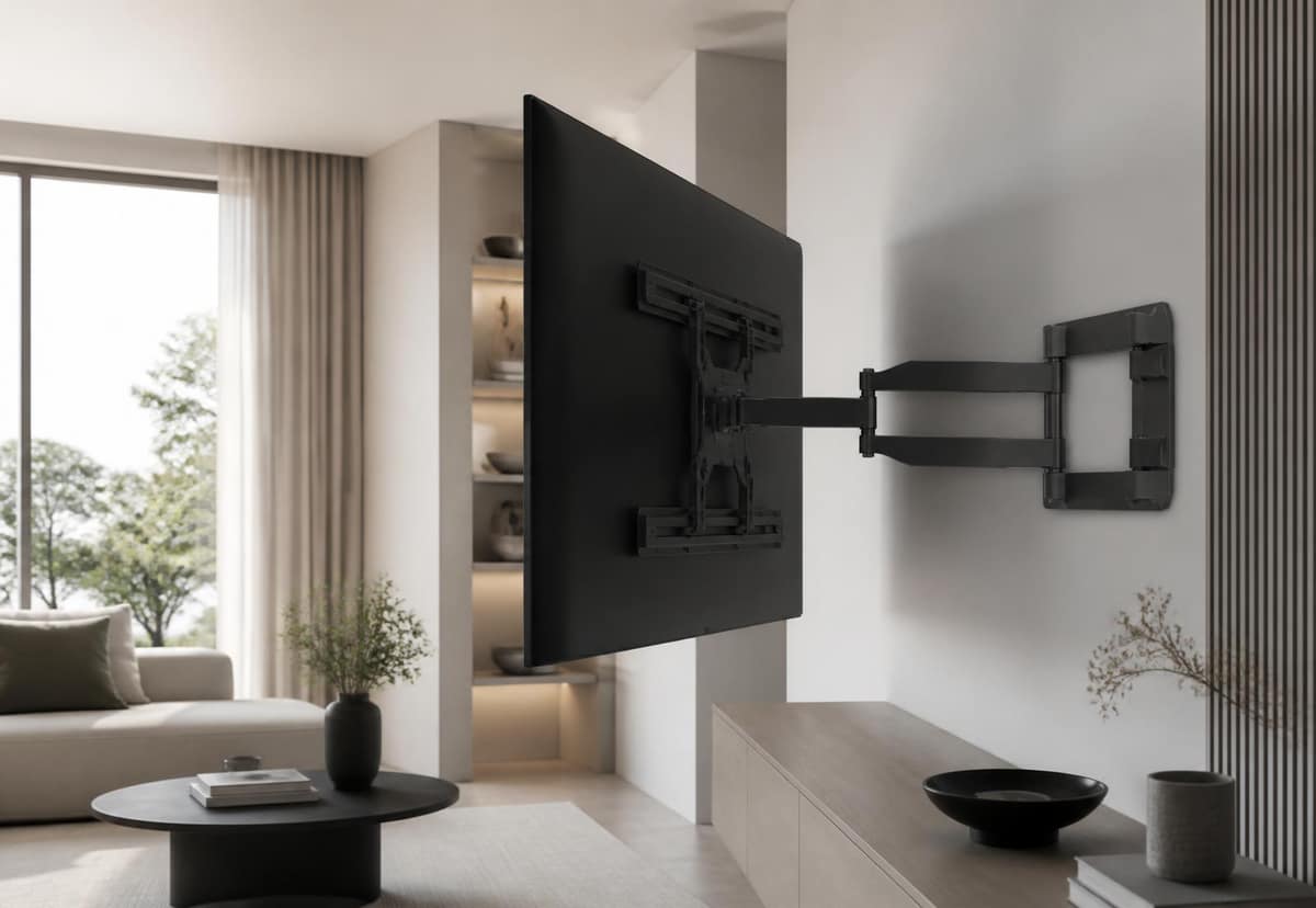 Suporte de TV articulado afastado de uma parede rebocada em uma sala de estar minimalista