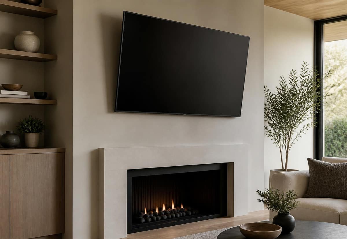 Suporte com inclinação angulando uma TV de parede para baixo acima de uma lareira