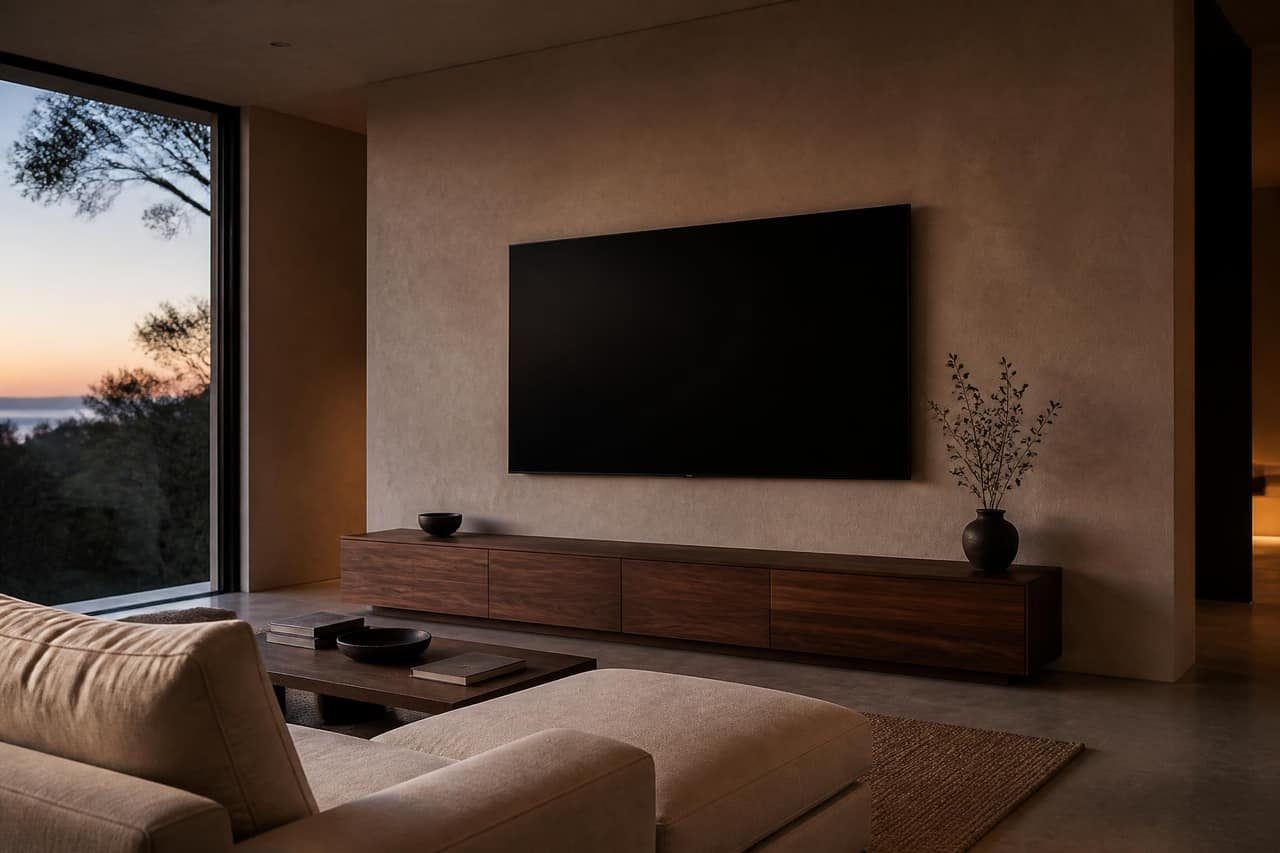 Sala de estar minimalista ao entardecer com uma TV de tela grande instalada rente a uma parede de reboco