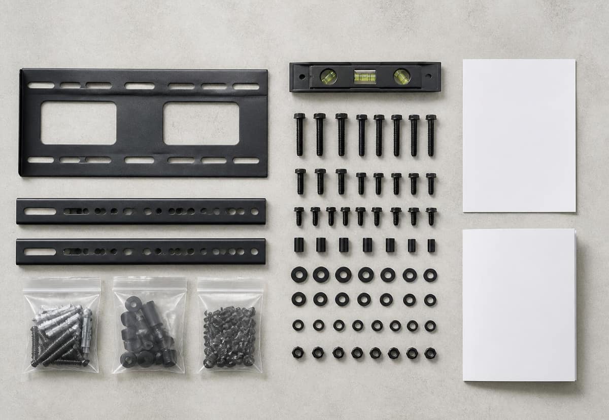 Vista superior de um kit de instalação organizado: suportes, parafusos e arruelas separados, nível de bolha, gabarito e manual